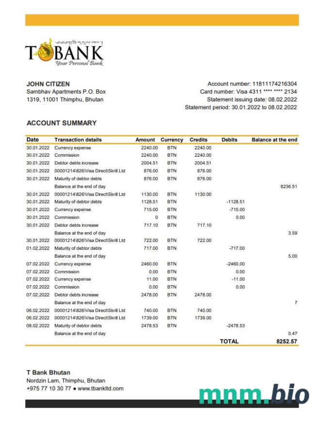 Bhutan national wzór wyciągu bankowego w formacie Word i PDF